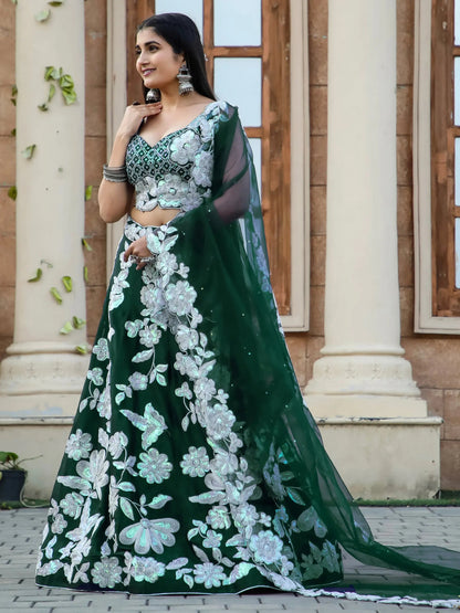 Alluring Bottle Green Dori Work Georgette Lehenga Choli With Dupatta - Zeel Clothing