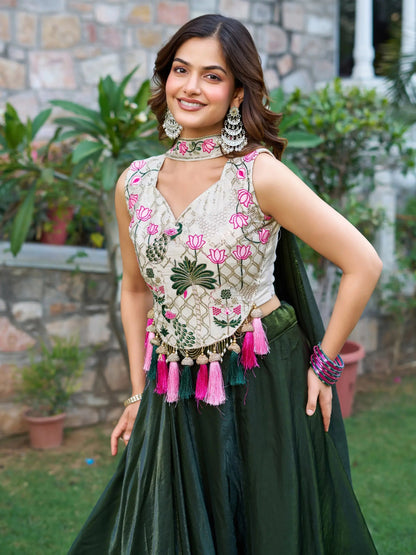 Alluring Bottle Green Tissue Silk Function Wear Lehenga With Embroidered Blouse - Zeel Clothing