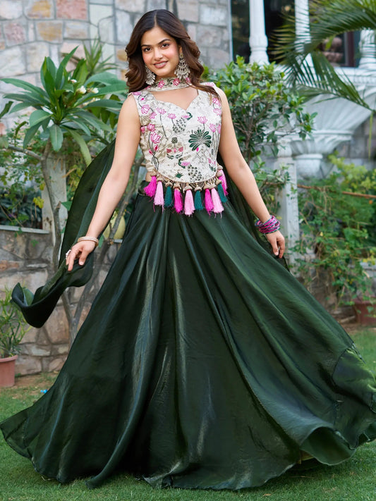 Alluring Bottle Green Tissue Silk Function Wear Lehenga With Embroidered Blouse - Zeel Clothing