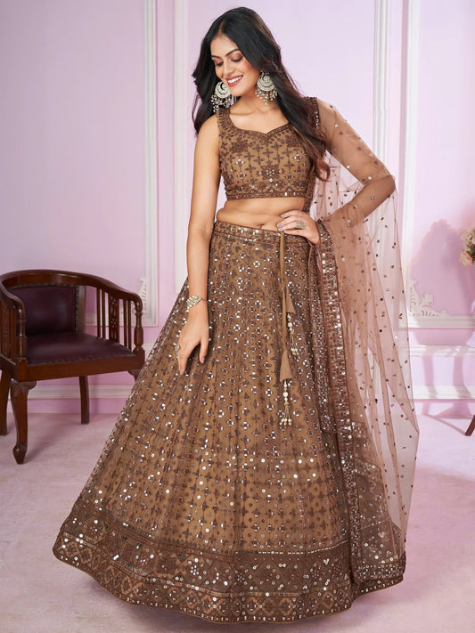 Alluring Brown Sequins Net Bridesmaid Lehenga Choli With Dupatta - Zeel Clothing