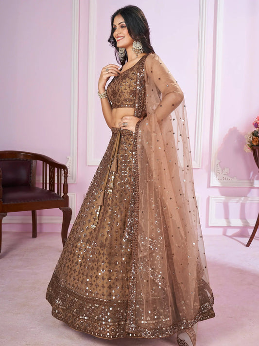 Alluring Brown Sequins Net Bridesmaid Lehenga Choli With Dupatta - Zeel Clothing