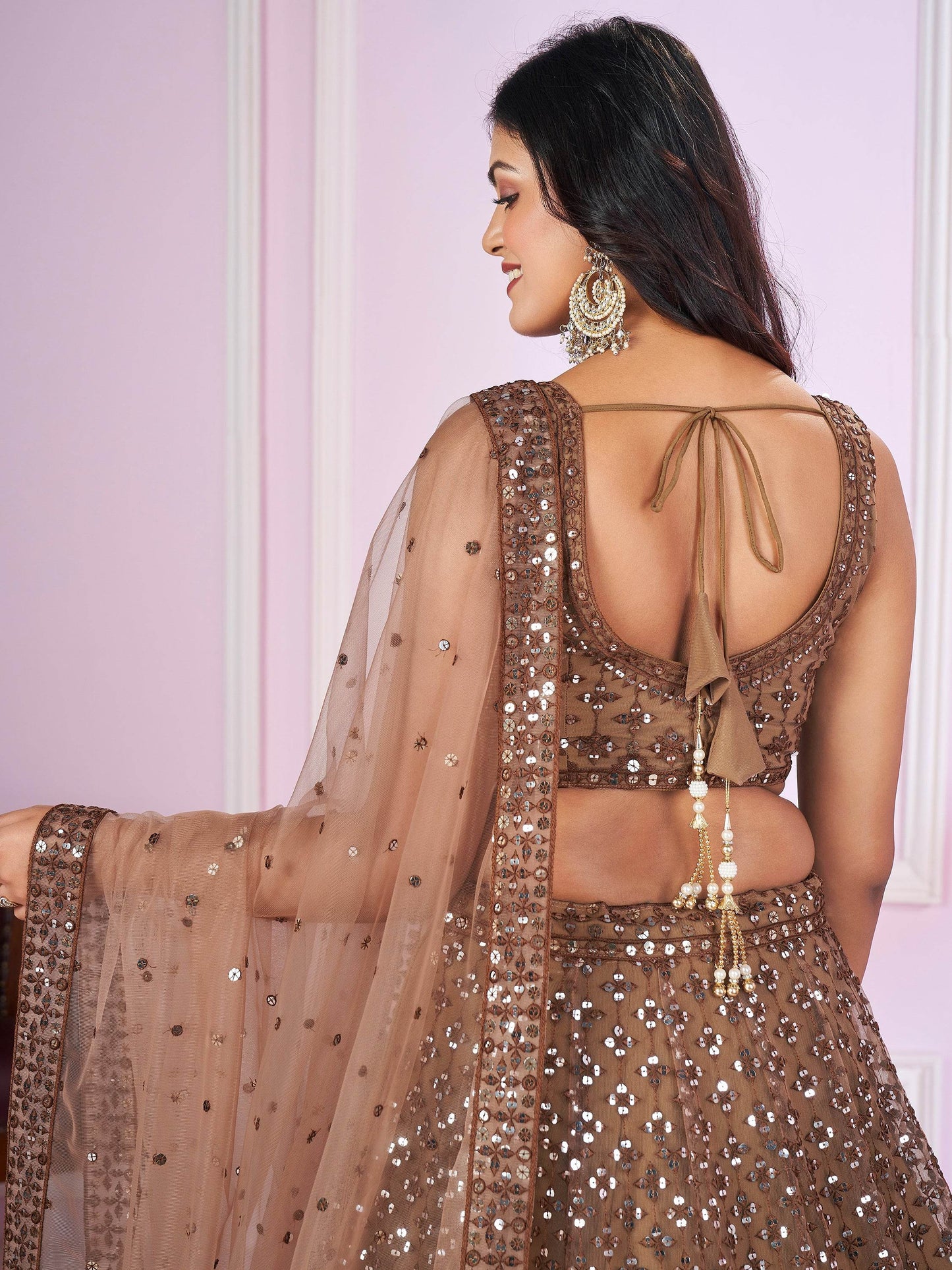 Alluring Brown Sequins Net Bridesmaid Lehenga Choli With Dupatta - Zeel Clothing