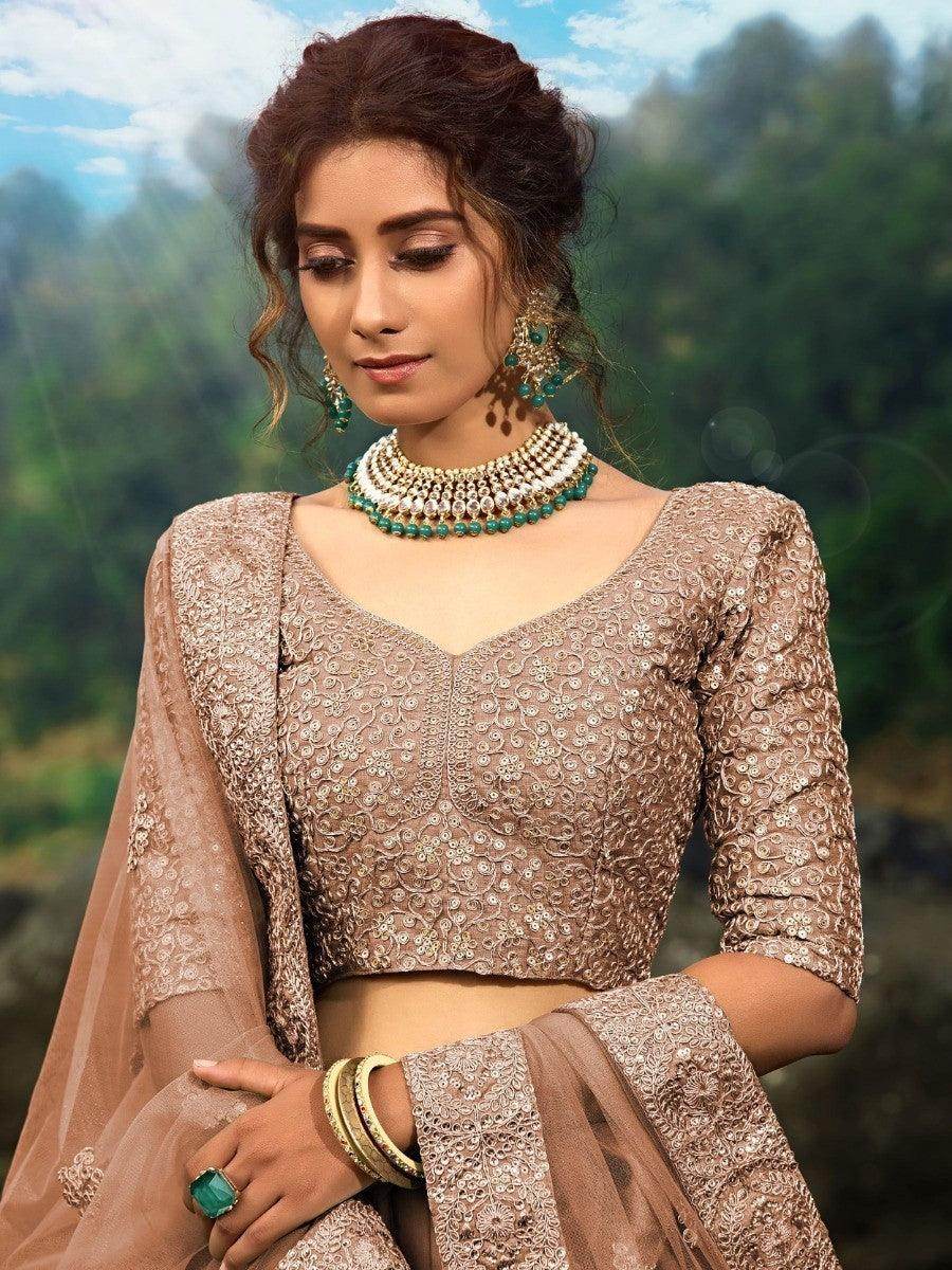 Alluring Brown Zari Worked Net Engagement Wear Lehenga Choli - Zeel Clothing