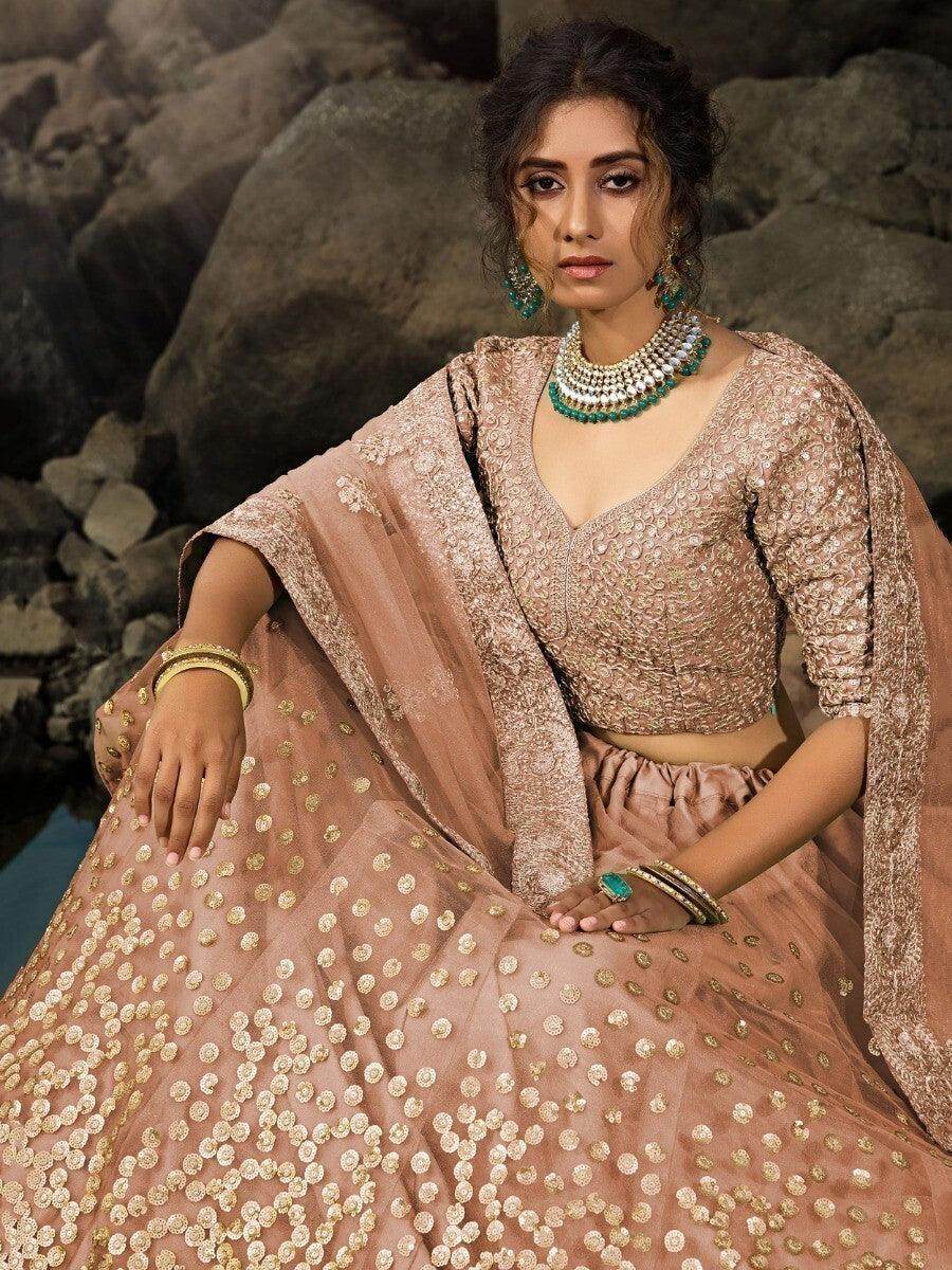Alluring Brown Zari Worked Net Engagement Wear Lehenga Choli - Zeel Clothing