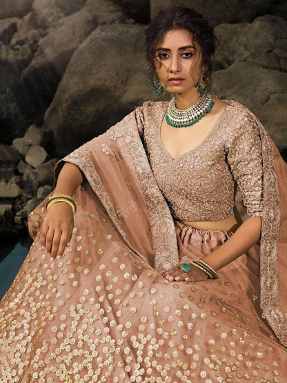 Alluring Brown Zari Worked Net Engagement Wear Lehenga Choli - Zeel Clothing