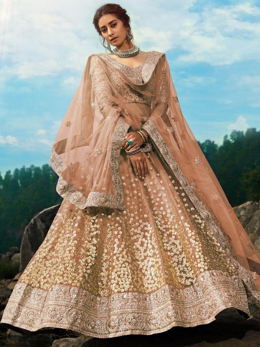 Alluring Brown Zari Worked Net Engagement Wear Lehenga Choli - Zeel Clothing