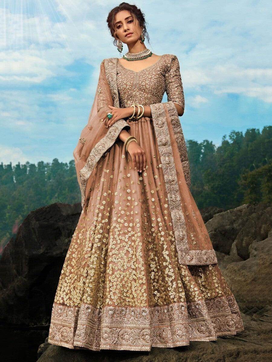 Alluring Brown Zari Worked Net Engagement Wear Lehenga Choli - Zeel Clothing