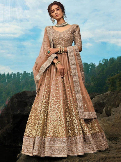 Alluring Brown Zari Worked Net Engagement Wear Lehenga Choli - Zeel Clothing