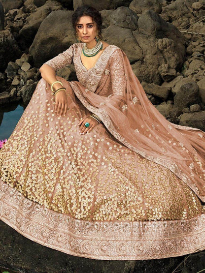 Alluring Brown Zari Worked Net Engagement Wear Lehenga Choli - Zeel Clothing