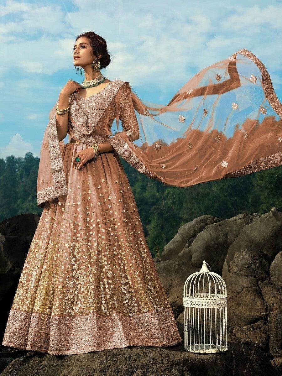 Alluring Brown Zari Worked Net Engagement Wear Lehenga Choli - Zeel Clothing