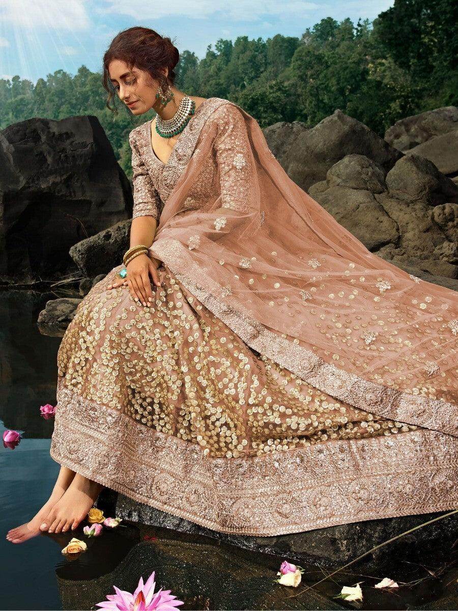 Alluring Brown Zari Worked Net Engagement Wear Lehenga Choli - Zeel Clothing