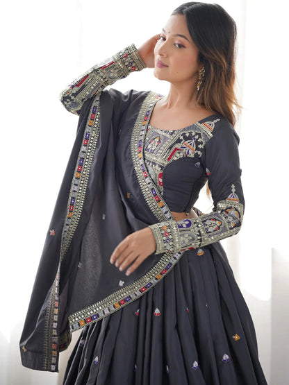 Alluring Grey Dori Work Silk Traditional Lehenga Choli With Dupatta - Zeel Clothing