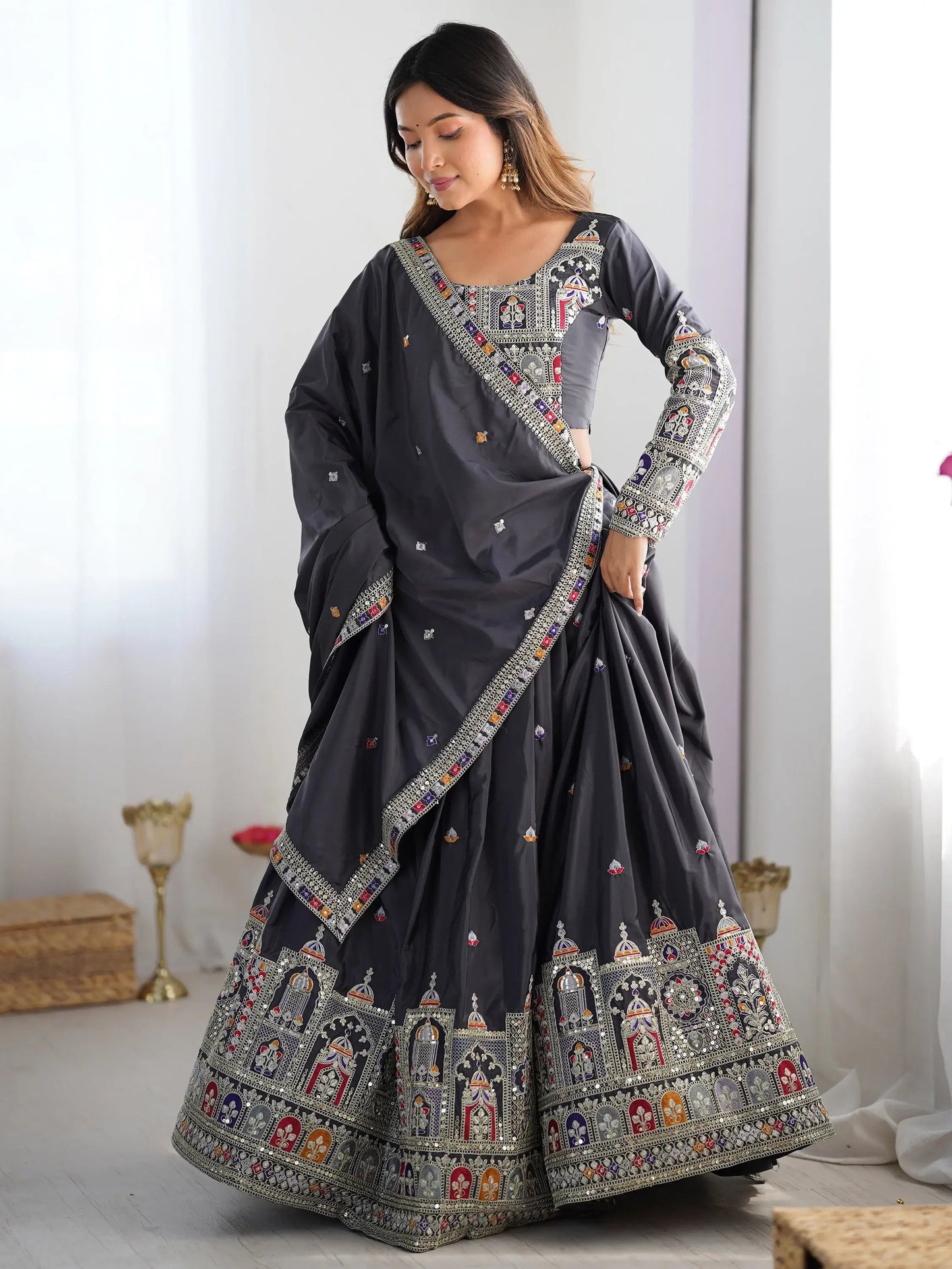 Alluring Grey Dori Work Silk Traditional Lehenga Choli With Dupatta - Zeel Clothing