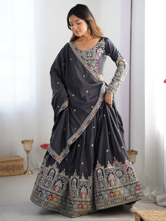 Alluring Grey Dori Work Silk Traditional Lehenga Choli With Dupatta - Zeel Clothing