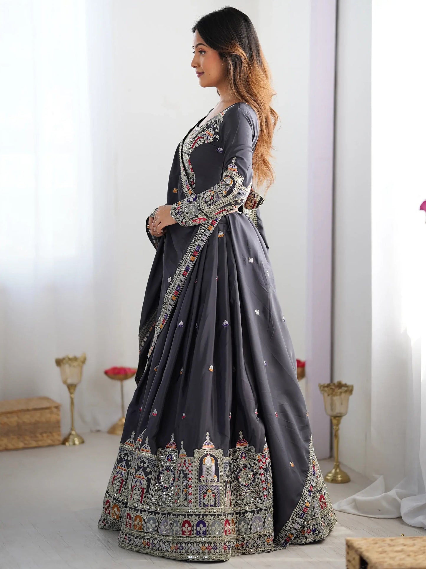 Alluring Grey Dori Work Silk Traditional Lehenga Choli With Dupatta - Zeel Clothing