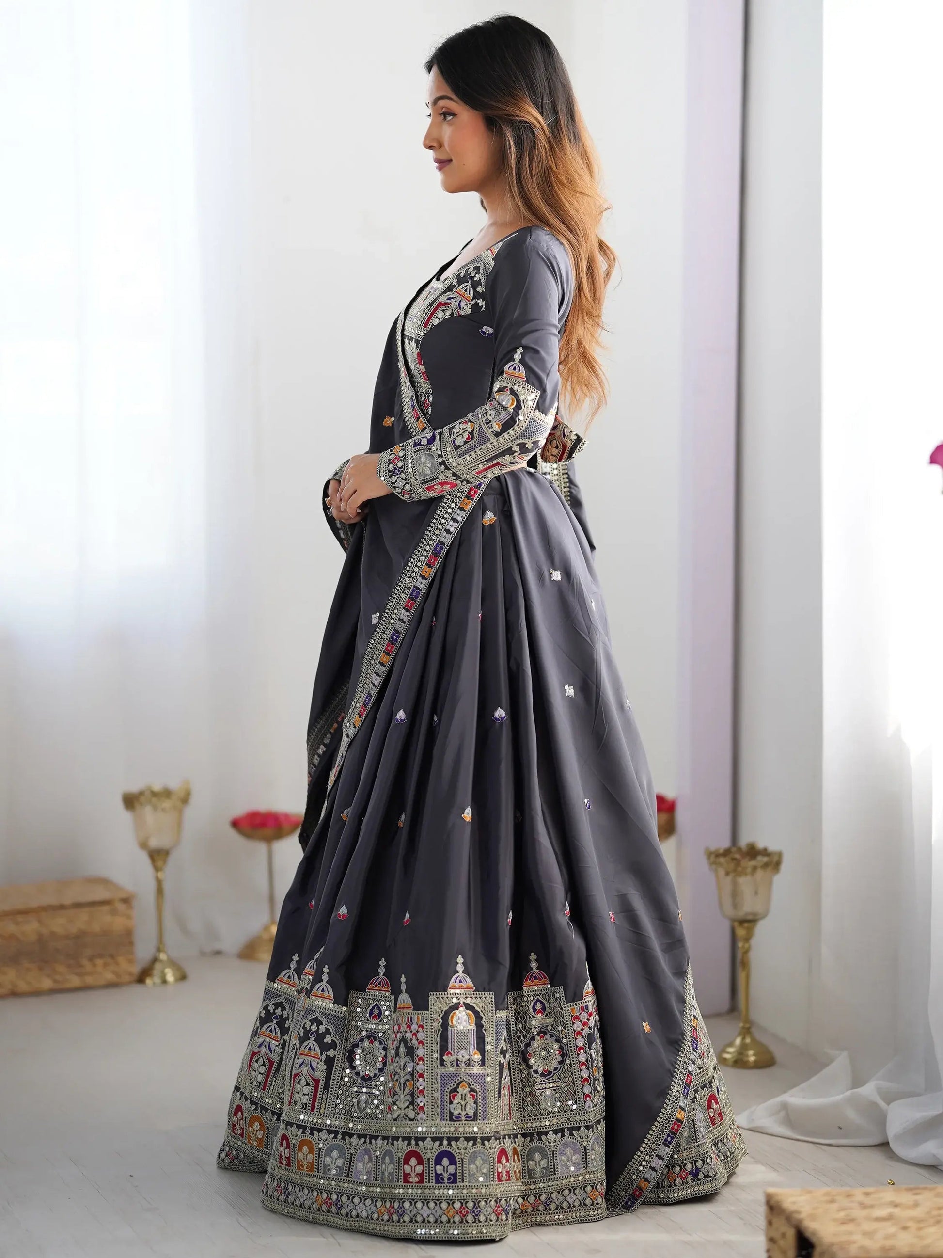 Alluring Grey Dori Work Silk Traditional Lehenga Choli With Dupatta - Zeel Clothing