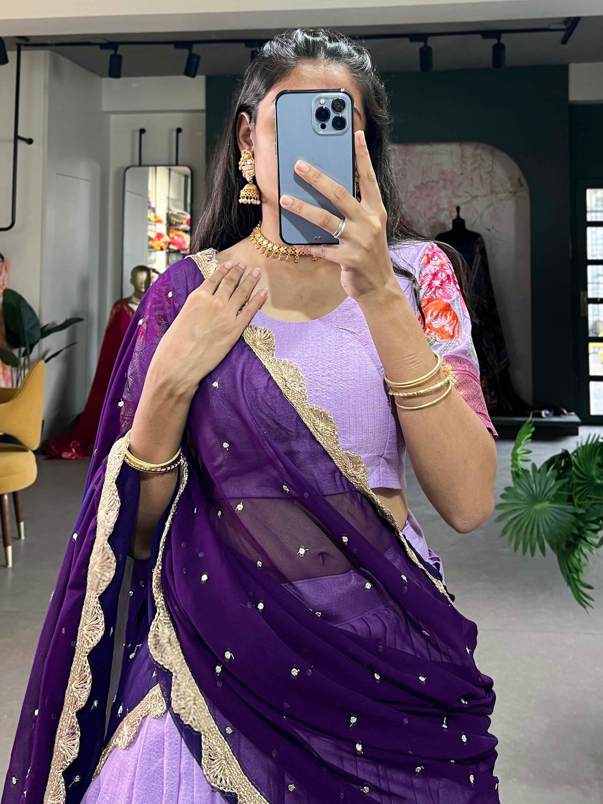 Alluring Lavender Thread Work Festive Wear Cotton Half Saree Lehenga - Zeel Clothing