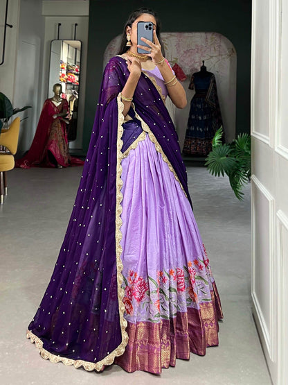 Alluring Lavender Thread Work Festive Wear Cotton Half Saree Lehenga - Zeel Clothing
