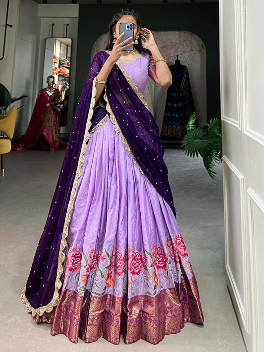 Alluring Lavender Thread Work Festive Wear Cotton Half Saree Lehenga - Zeel Clothing