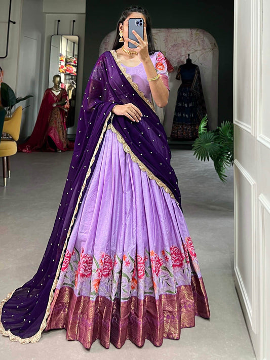 Alluring Lavender Thread Work Festive Wear Cotton Half Saree Lehenga - Zeel Clothing