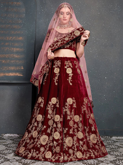 Alluring Maroon Dori Work Velvet Bridal Lehenga Choli With Dupatta - Zeel Clothing