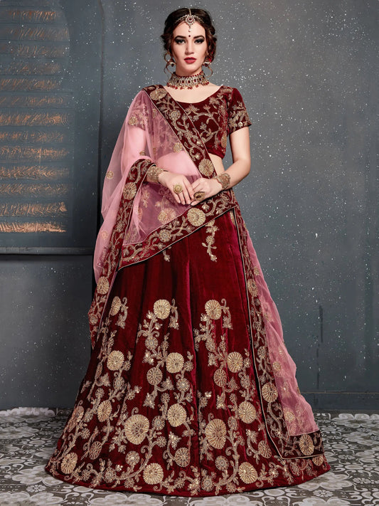 Alluring Maroon Dori Work Velvet Bridal Lehenga Choli With Dupatta - Zeel Clothing