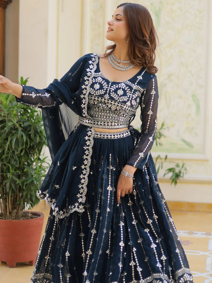 Alluring Navy Blue Sequins Georgette Wedding Wear Lehenga Choli - Zeel Clothing