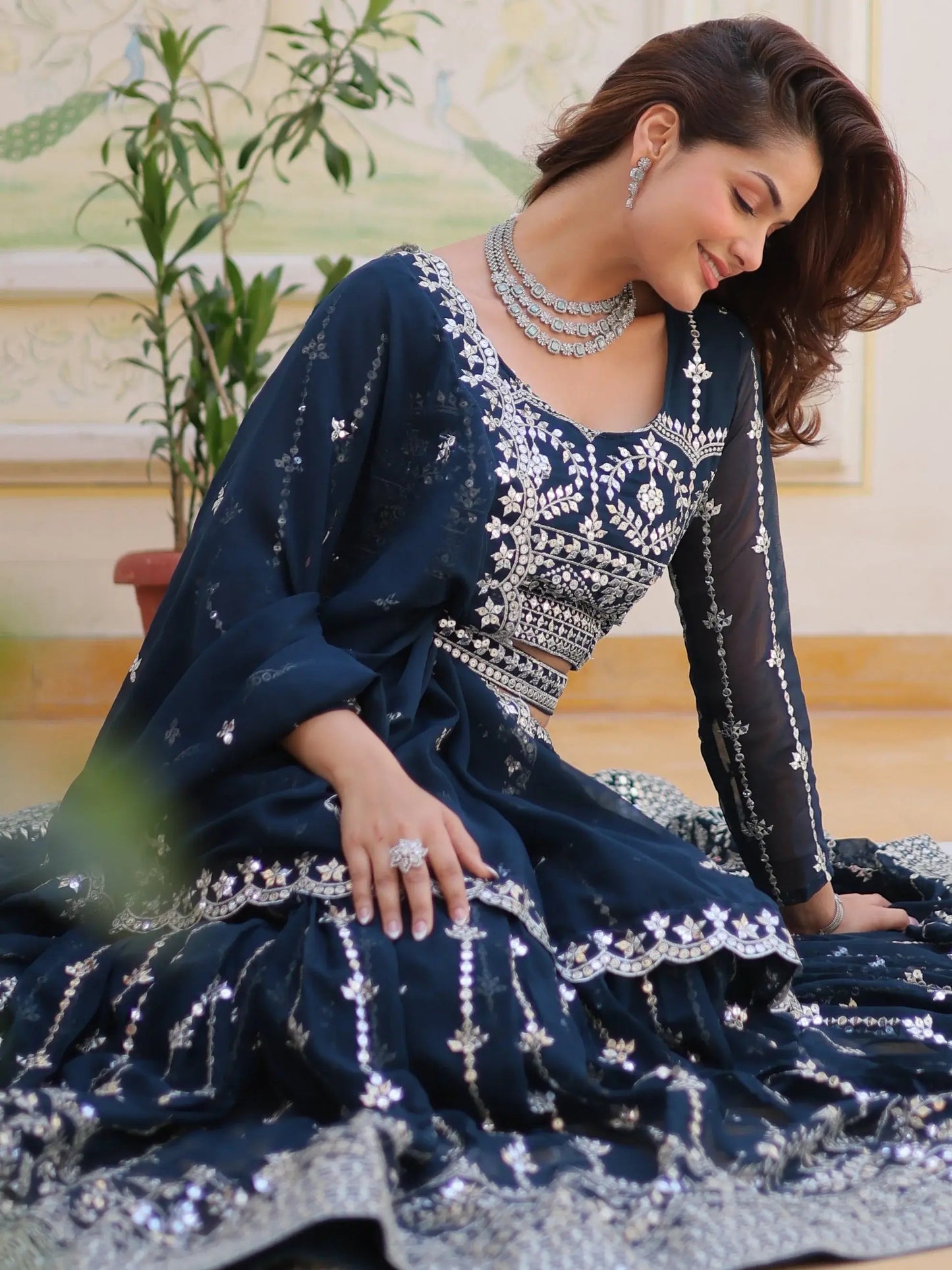 Alluring Navy Blue Sequins Georgette Wedding Wear Lehenga Choli - Zeel Clothing