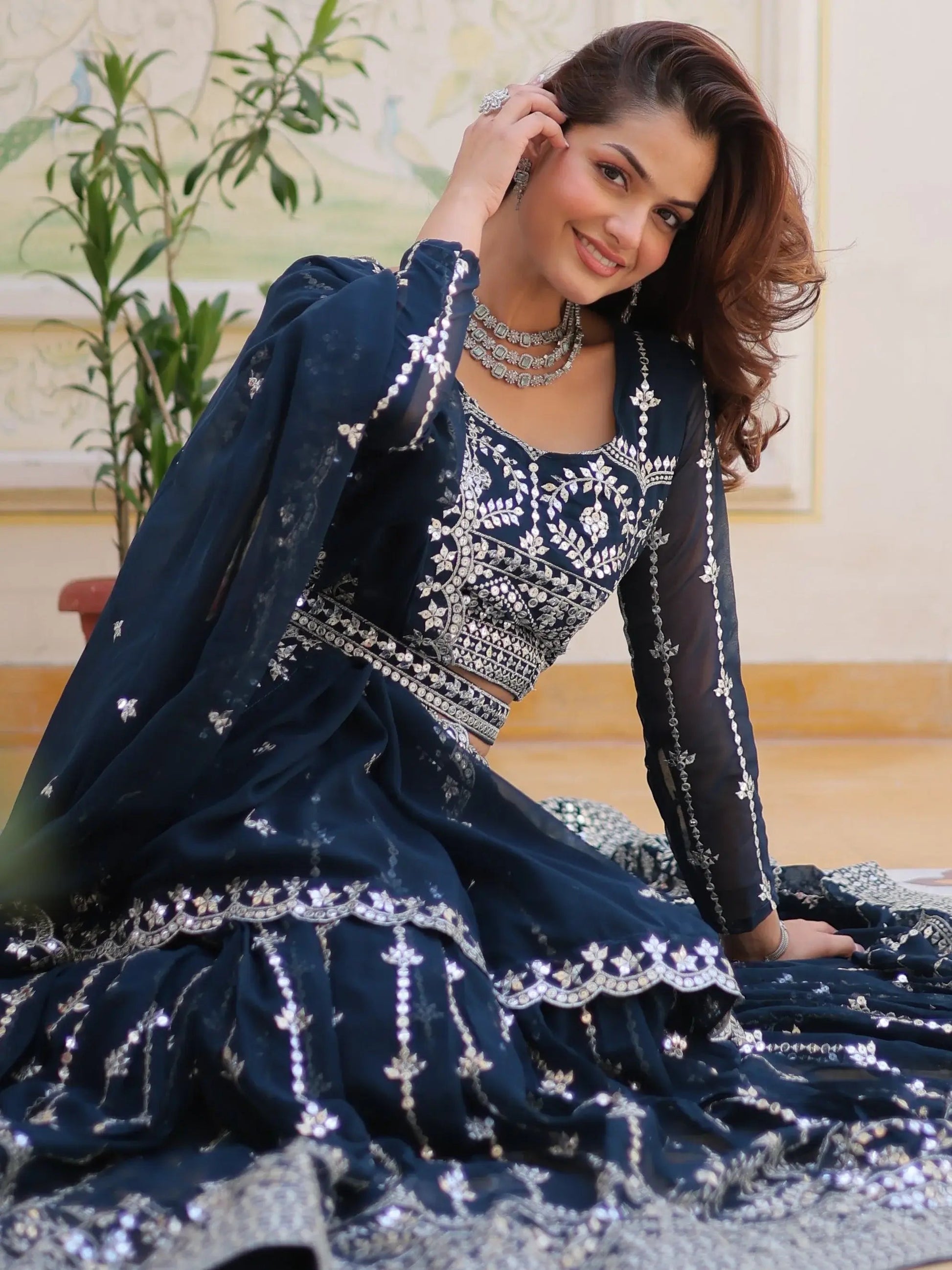 Alluring Navy Blue Sequins Georgette Wedding Wear Lehenga Choli - Zeel Clothing