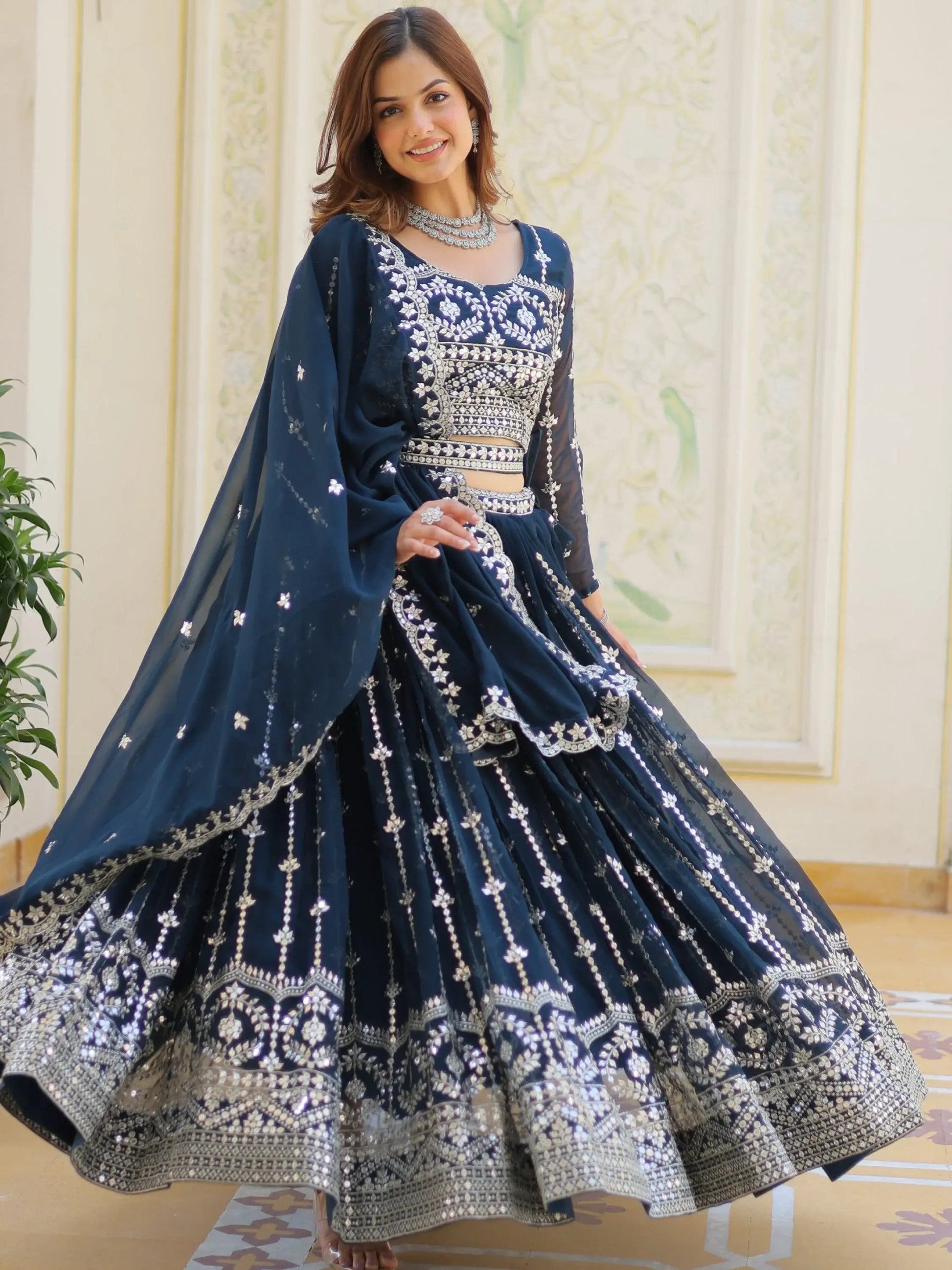 Alluring Navy Blue Sequins Georgette Wedding Wear Lehenga Choli - Zeel Clothing