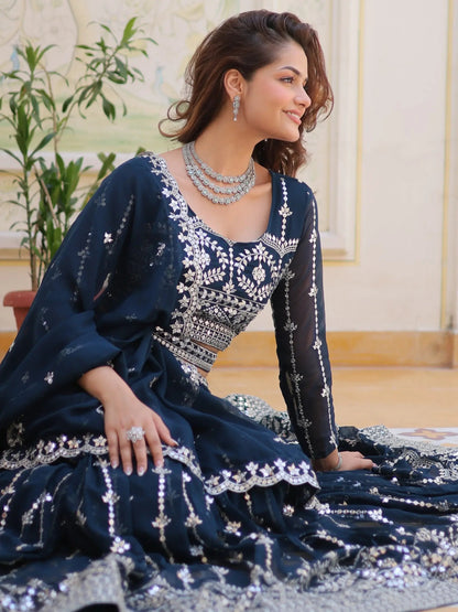 Alluring Navy Blue Sequins Georgette Wedding Wear Lehenga Choli - Zeel Clothing