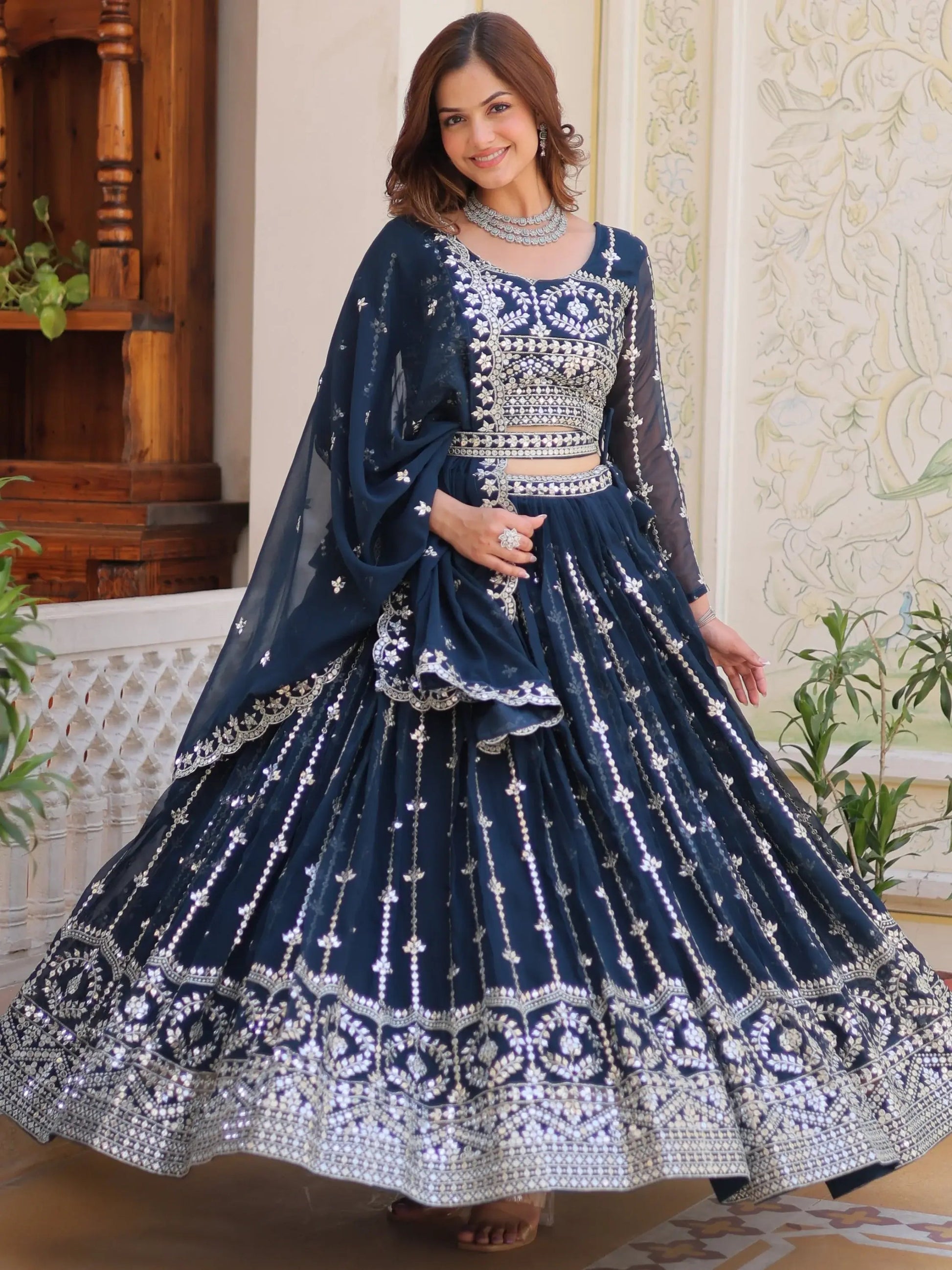 Alluring Navy Blue Sequins Georgette Wedding Wear Lehenga Choli - Zeel Clothing