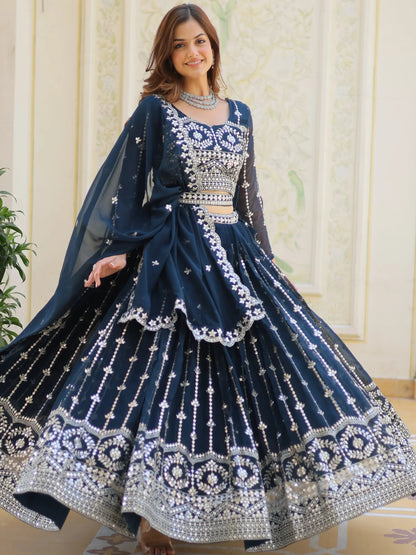 Alluring Navy Blue Sequins Georgette Wedding Wear Lehenga Choli - Zeel Clothing