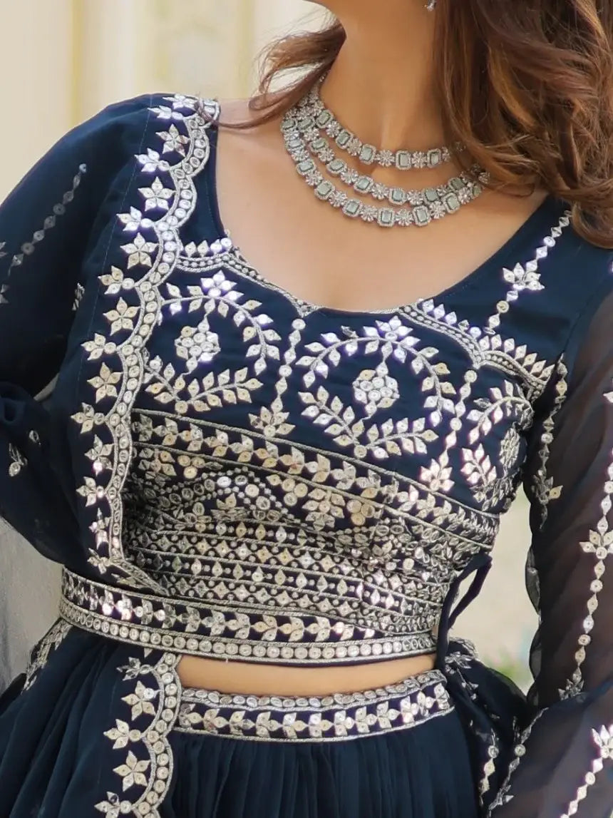 Alluring Navy Blue Sequins Georgette Wedding Wear Lehenga Choli - Zeel Clothing
