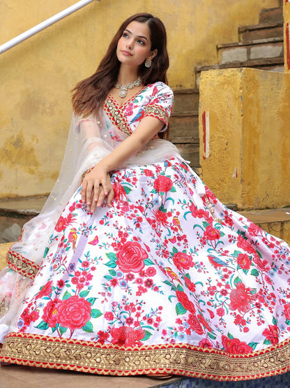 Alluring Off-White Floral Printed Art Silk Sangeet Wear Lehenga Choli - Zeel Clothing