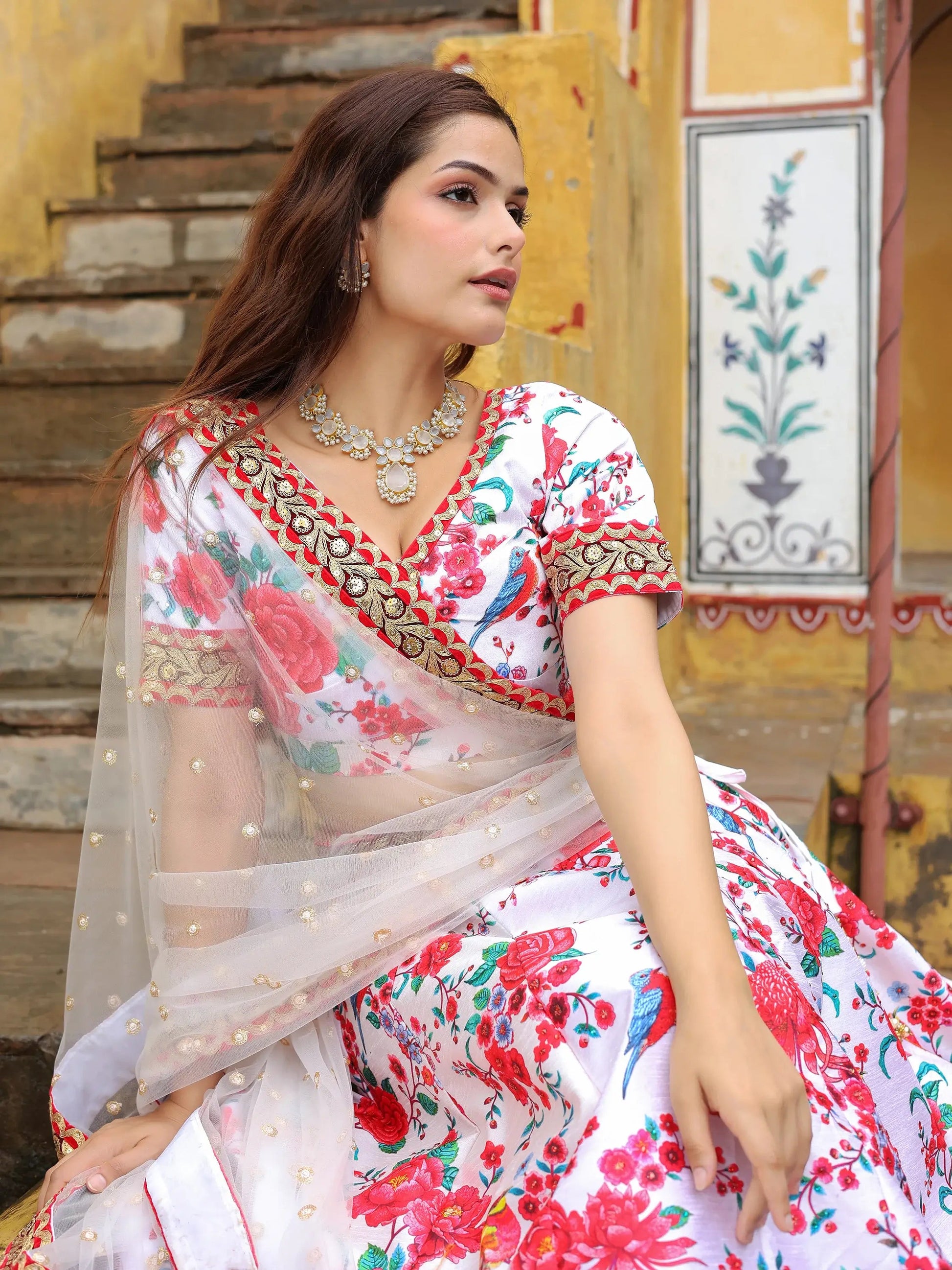 Alluring Off-White Floral Printed Art Silk Sangeet Wear Lehenga Choli - Zeel Clothing