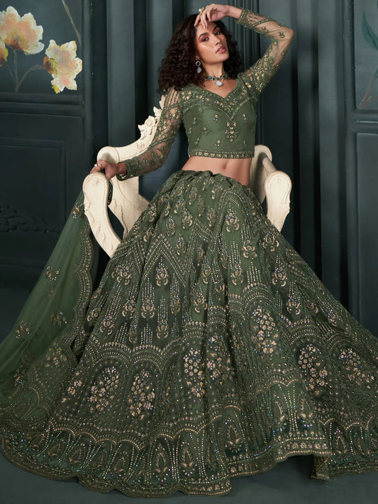 Alluring Olive Green Embroidered Net Mehendi Wear Lehenga Choli - Zeel Clothing