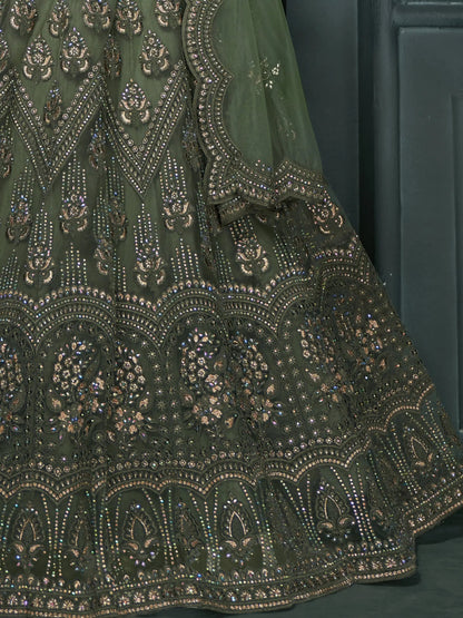 Alluring Olive Green Embroidered Net Mehendi Wear Lehenga Choli - Zeel Clothing