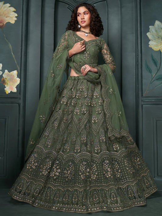 Alluring Olive Green Embroidered Net Mehendi Wear Lehenga Choli - Zeel Clothing