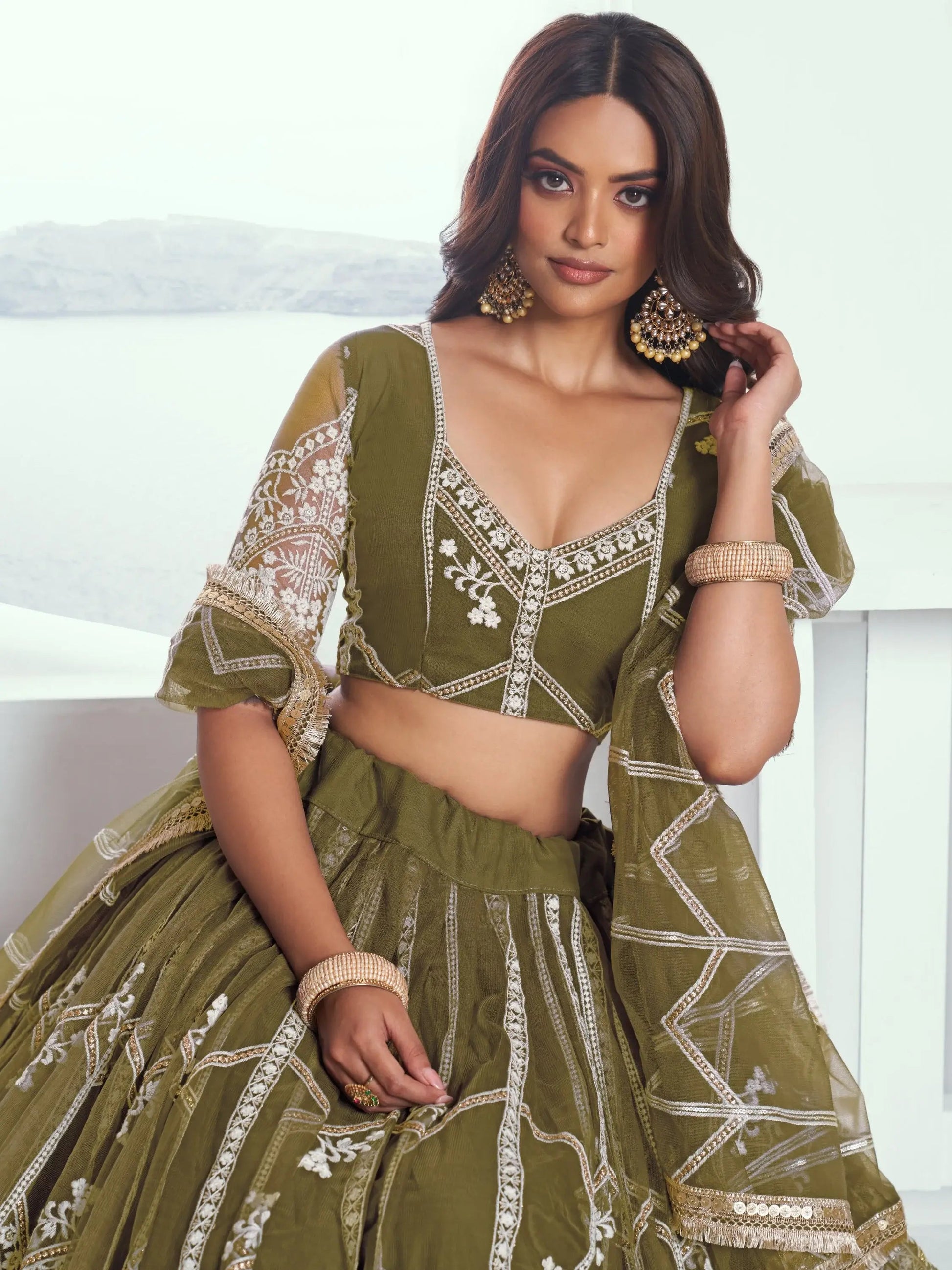 Alluring Olive Green Floral Embroidered Mehendi Wear Lehenga Choli - Zeel Clothing