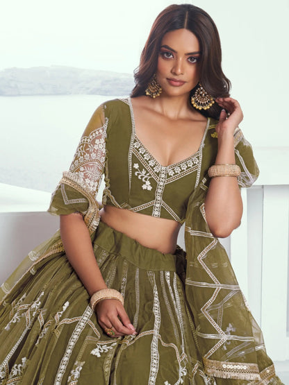 Alluring Olive Green Floral Embroidered Mehendi Wear Lehenga Choli - Zeel Clothing