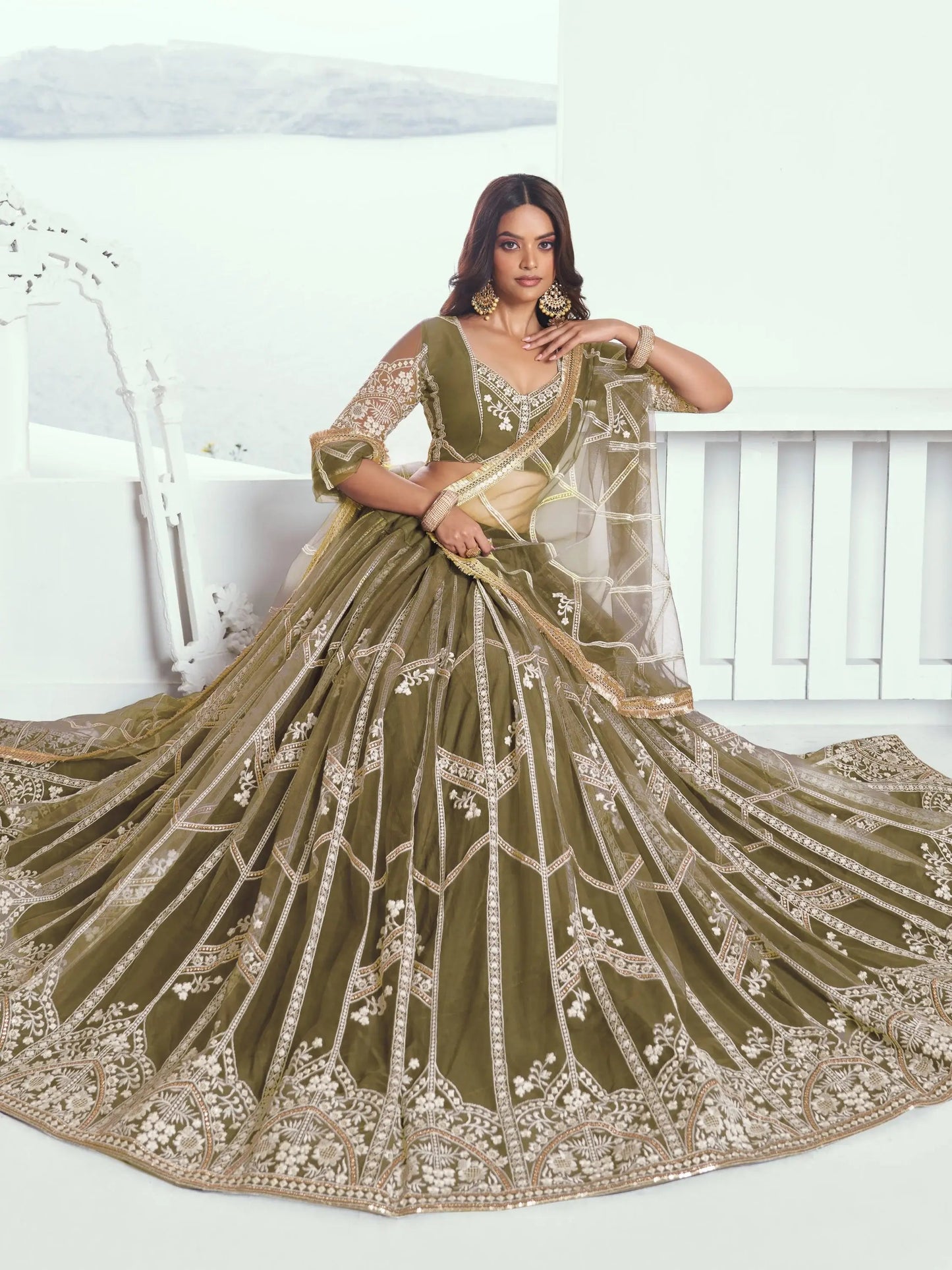 Alluring Olive Green Floral Embroidered Mehendi Wear Lehenga Choli - Zeel Clothing