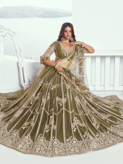 Alluring Olive Green Floral Embroidered Mehendi Wear Lehenga Choli - Zeel Clothing