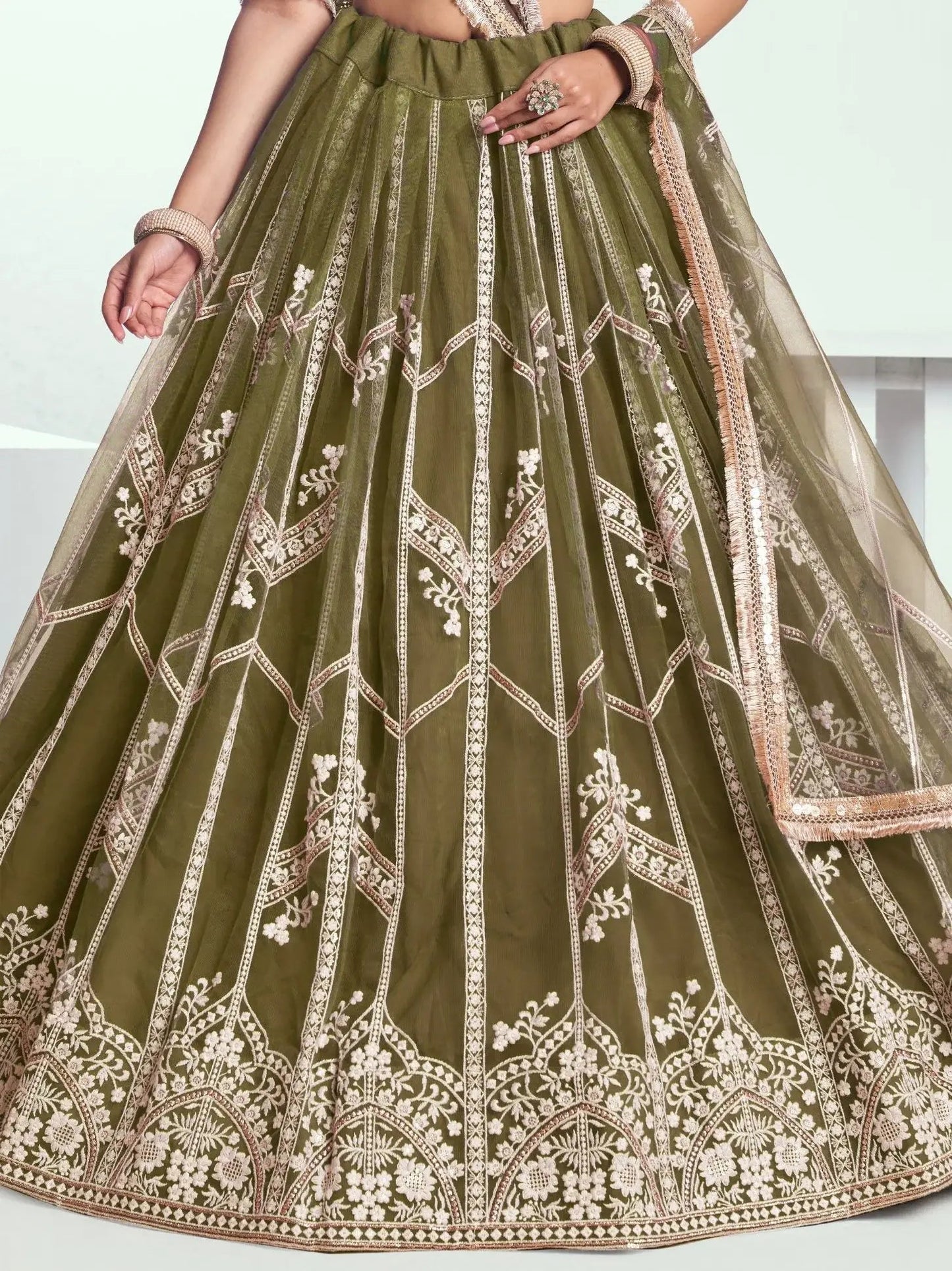 Alluring Olive Green Floral Embroidered Mehendi Wear Lehenga Choli - Zeel Clothing