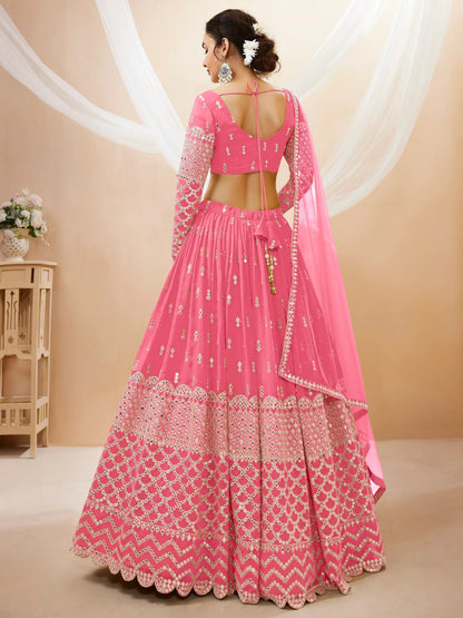Alluring Pink Sequins Georgette Bridesmaid Lehenga Choli With Dupatta - Zeel Clothing