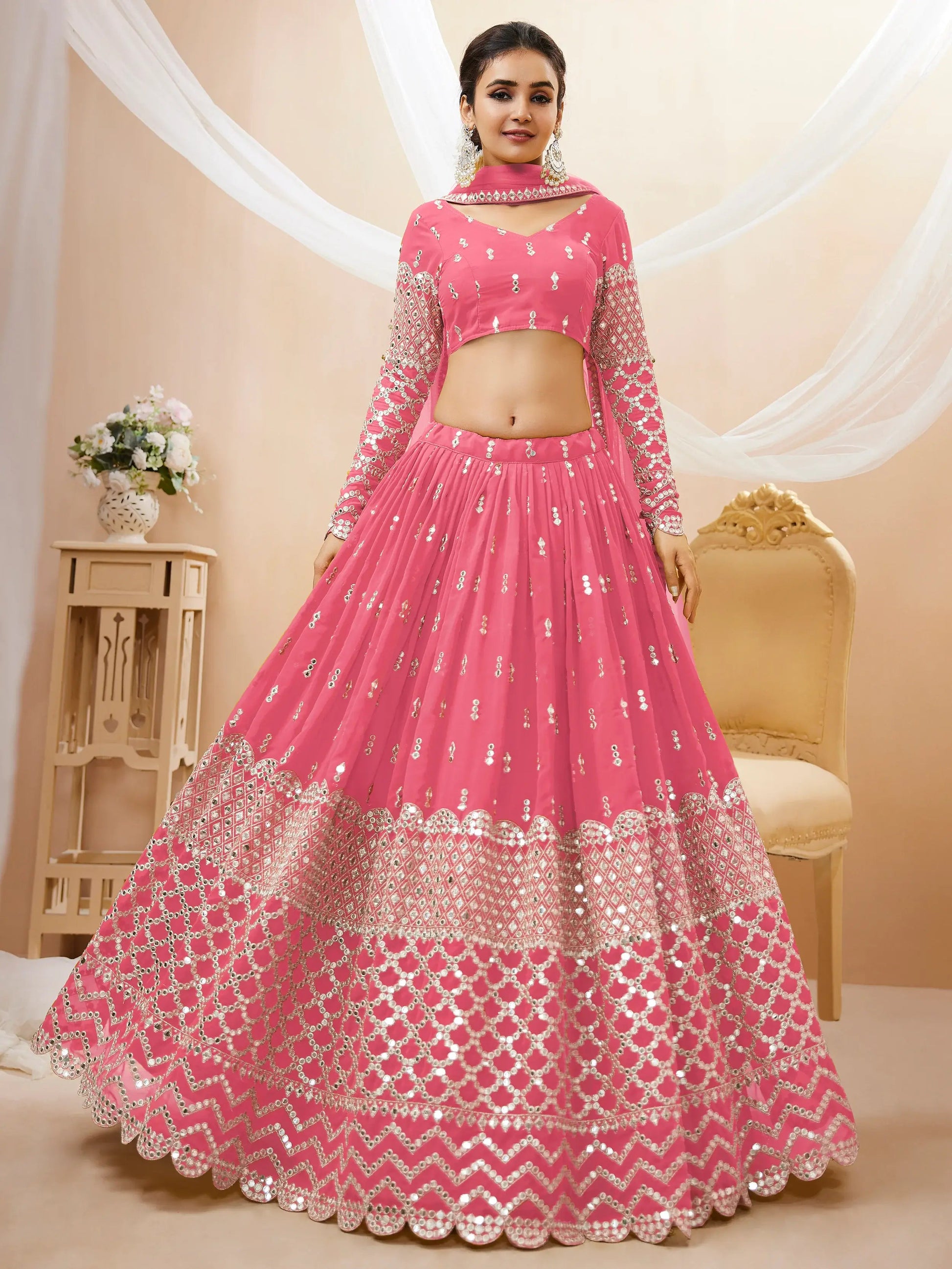 Alluring Pink Sequins Georgette Bridesmaid Lehenga Choli With Dupatta - Zeel Clothing