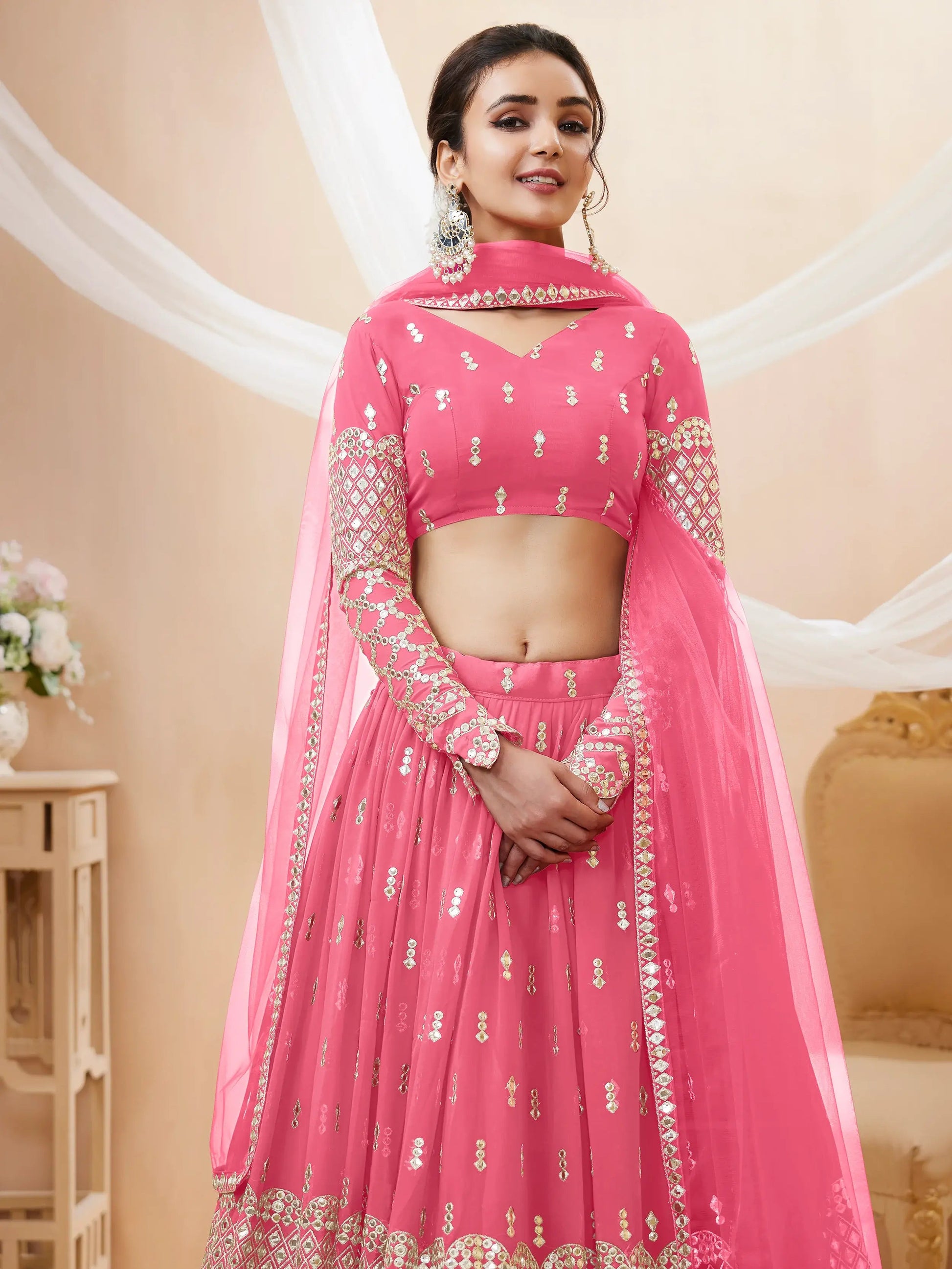 Alluring Pink Sequins Georgette Bridesmaid Lehenga Choli With Dupatta - Zeel Clothing