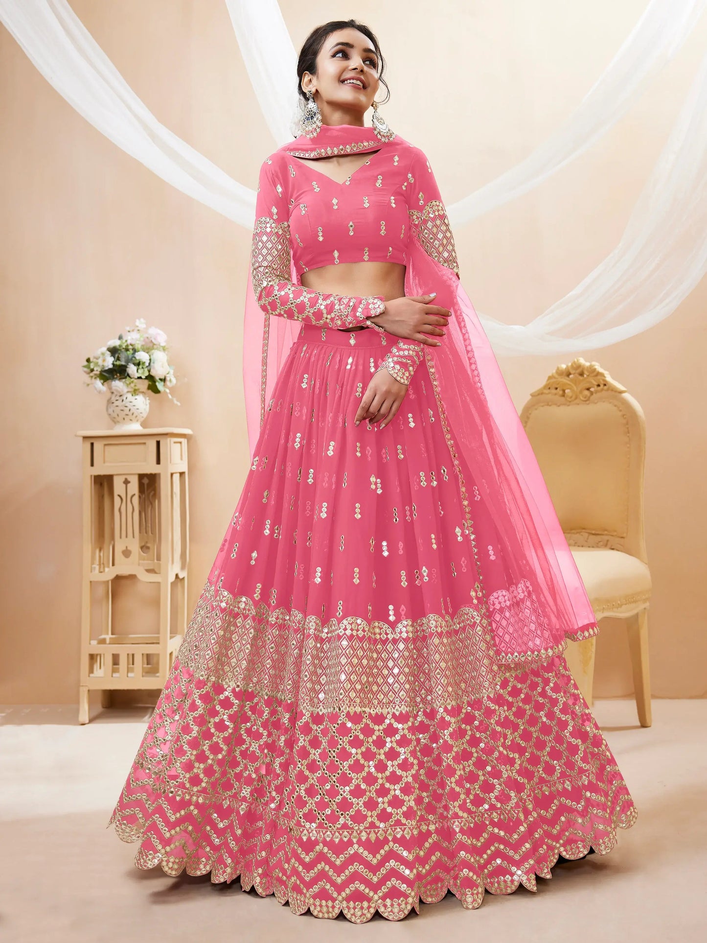Alluring Pink Sequins Georgette Bridesmaid Lehenga Choli With Dupatta - Zeel Clothing