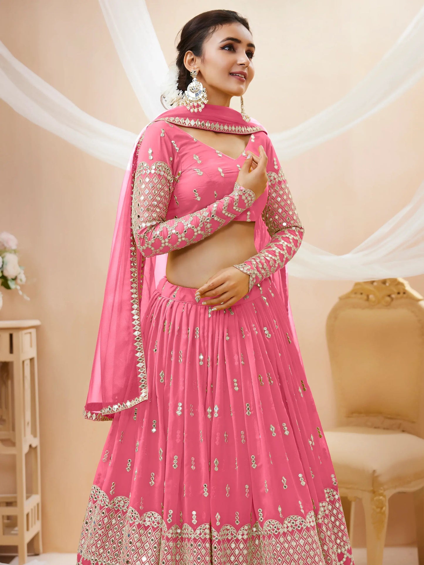Alluring Pink Sequins Georgette Bridesmaid Lehenga Choli With Dupatta - Zeel Clothing