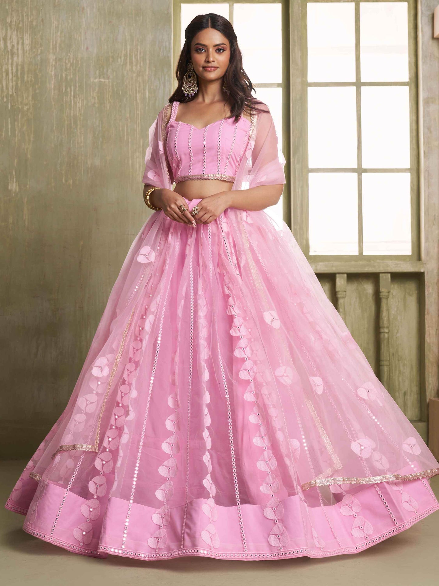 Alluring Pink Thread Work Net Bridesmaid Lehenga Choli With Dupatta - Zeel Clothing